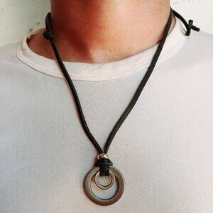Retro Black Leather Cord Chain Metal Pendant Necklace